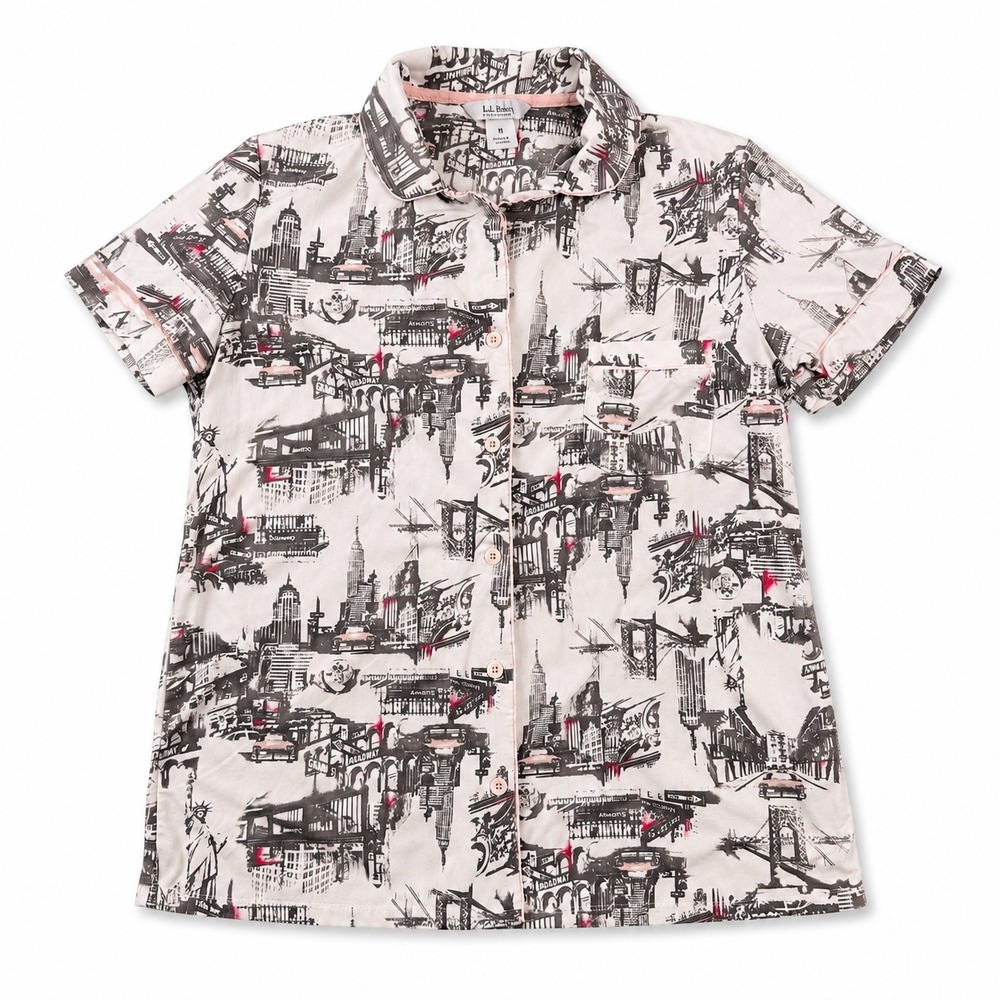 Nicole Miller New‎ York Blouse Top Womens M NYC City Print Button Front Stretch